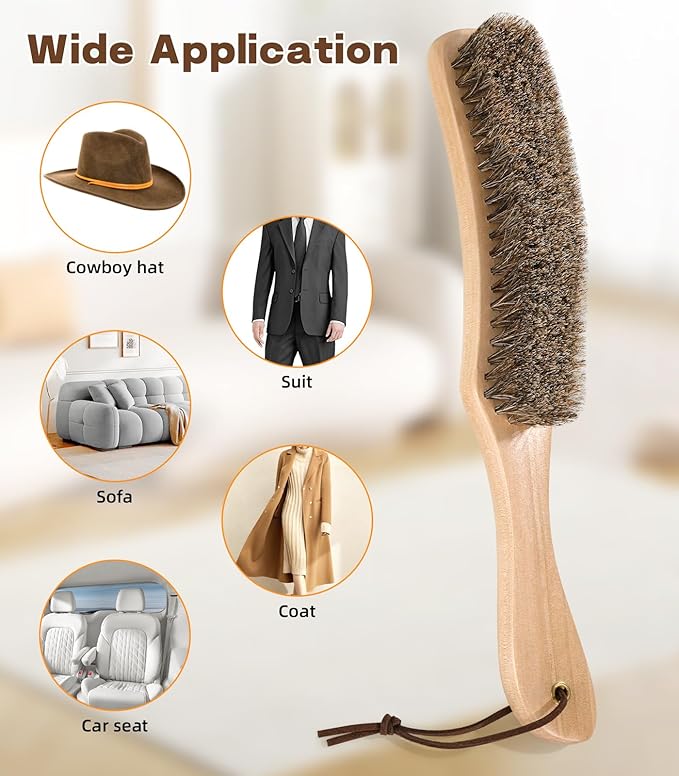 Cowboy Hat Brush, 100% Horsehair Brush for Cleaning, Lint Brush Removes Dust, Pet Hair, Cleaning Kit for Suede, Felt Hats, Wool Coats, Suits, Clothes, Shoes, Furniture, Wood Handle with Storage Bag