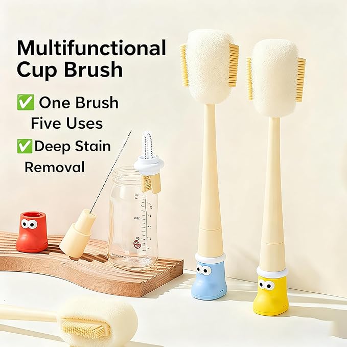 5-in-1 Multifunctional Cup Brush, Bottle Cleaning Set with Rim Brush, Gap Brush, Silicone Head, Sponge Head and Straw Brush (Orange)