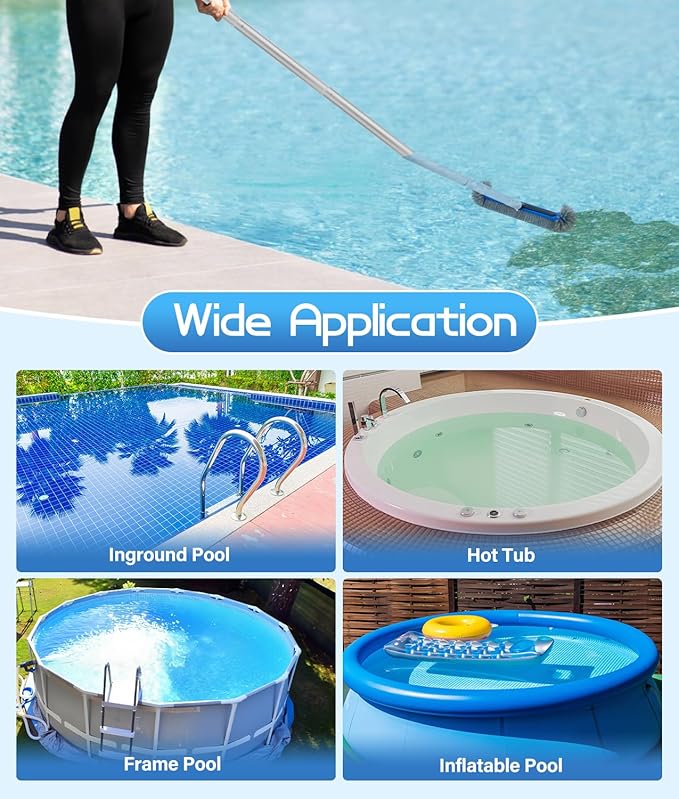 16.7'' Swimming Pool Brush Head with Round Ends, EZ Clip Aluminum Handle, Heavy Duty Pool Brushes for Clean Swimming Pools Faster, Extra Corner Brush Head for Clean Pool Steps & Corners