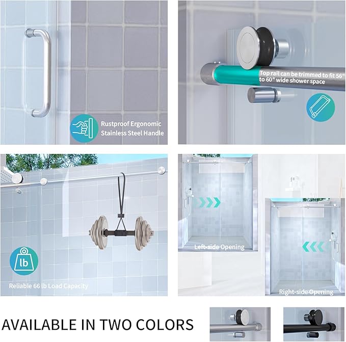 Abruzzo 76" Tall Frameless Single Sliding Shower Door - Adjustable 56" to 60" Width, 1/4" (6mm) Tempered Glass with Safety Film, Brushed Nickel Finish for Walk-in Showers, Space Saving Design
