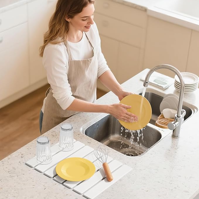 Large Stone Dish Drying Mats for Kitchen Counter,15.5“x 11.8”,Eco-Friendly,Foldable quick dry stone mat kitchen,Absorbent Diatomaceous Earth Mats for Dishes Bottles Cups Bathroom Any Countertop-white