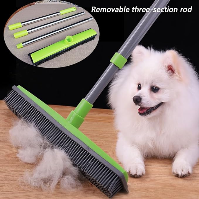 Pet Hair Rubber Broom, Rubber Broom for Pet Hair On Carpet, Pets Hairs Removal Broom with 49" Adjustable Handle, Soft Push Broom with Squeegee for Carpet, Hardwood Floor, Tile (E)