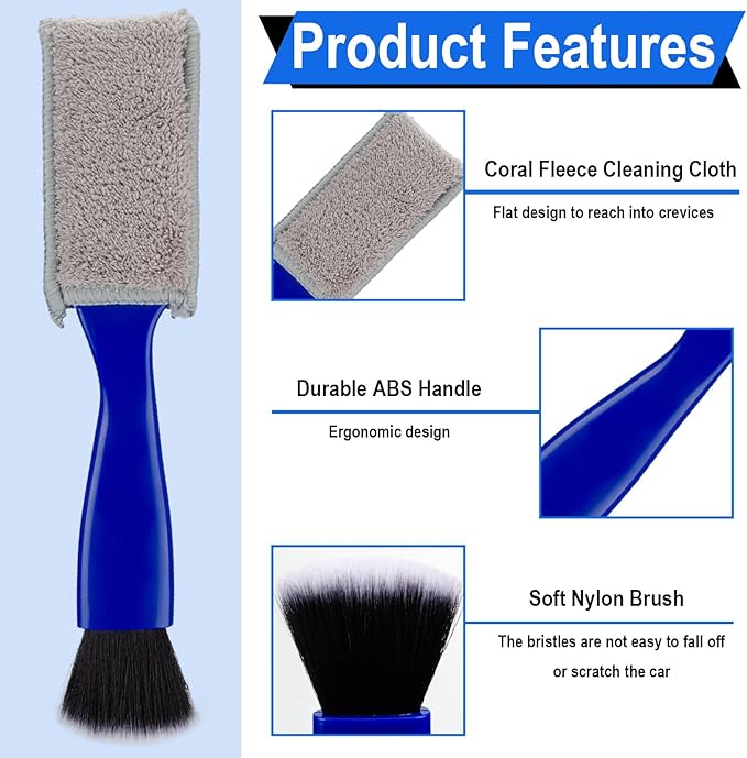 Double Head Brush for Car Clean, 2 in 1 Car Detailing Brush, Double Ended Portable Dust Brush with 2 Cleaning Cloth, Universal Dust Removal Brush for Air Conditioner Outlets, Dashboard Screen (Blue)