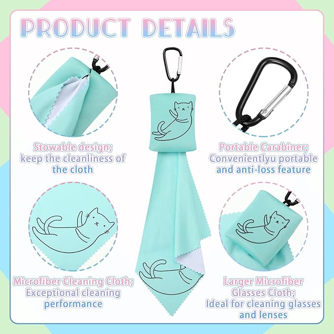10 Pcs Microfiber Cleaning Cloth with Open Pouch Hanging Ring 8'' x 7.8'' Cute Kitty Cat Design Microfiber Cloth Soft Glasses Cleaner for Eyeglasses Camera Lens Cell Phone Screens Glasses