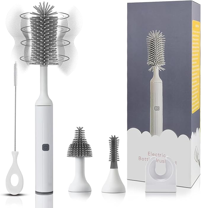 Electric Cleaning Brush with USB Rechargeable Electric Bottle Brush Cleaner and 3 Replaceable Silicone Bottle Brushes and Straw Cleaner Brush,Perfect Baby Gifts and Kitchen Brushes(White)