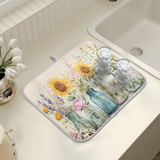 Spring Summer Floral Jars Flowers Dish Drying Mat for Kitchen Counter Absorbent Microfiber Large Drying Pad Dish mats for Kitchen Countertops 18 x 24 Inch