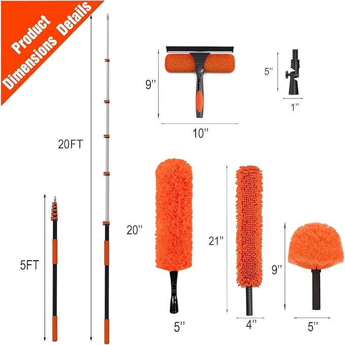 26FT High Ceiling Duster Kits with 5-20FT Telescoping Extension Pole - Fan Blade Cleaner, Cobweb Remover & Window Cleaning Kit, Washable Dust Brush for High Roof and Glass Surfaces