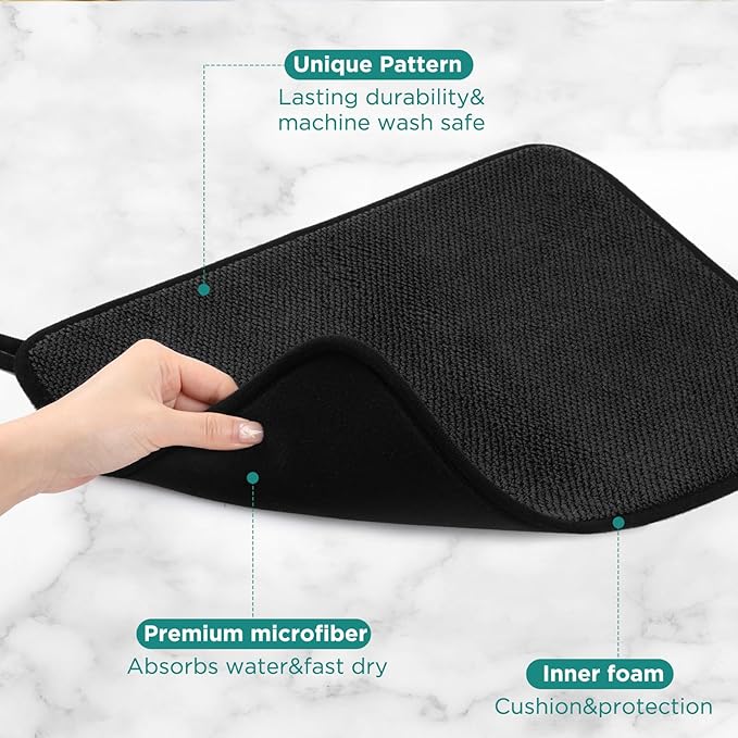 Microfiber Dish Drying Mat, Super Absorbent Kitchen Dish Drying Pad, Reversible for Countertop, 12*16 inch Black