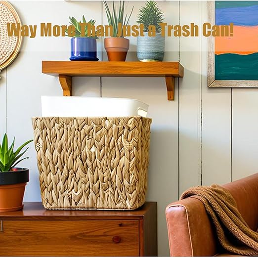 Yatmung Wicker Trash Can Small Bathroom Trash Can with Lid - Boho Waste Basket for Bedroom, Living Room, Office - Natural Water Hyacinth - Narrow Garbage Can with Removable Liner