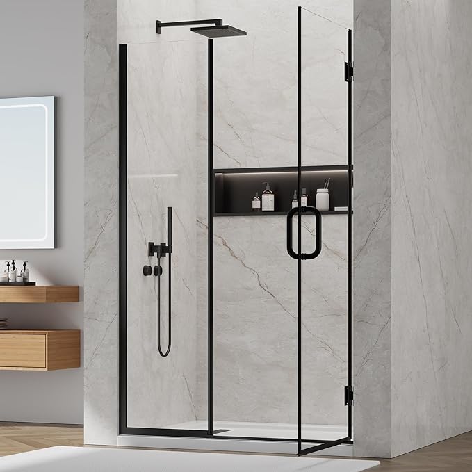 Pivot Shower Door, Adjustable Width 48" W x 76" H Hinged Shower Glass Door with 3/8" (10mm) Clear SGCC Tempered Glass with Nano Easy-Clean Coating, L01 Matte Black
