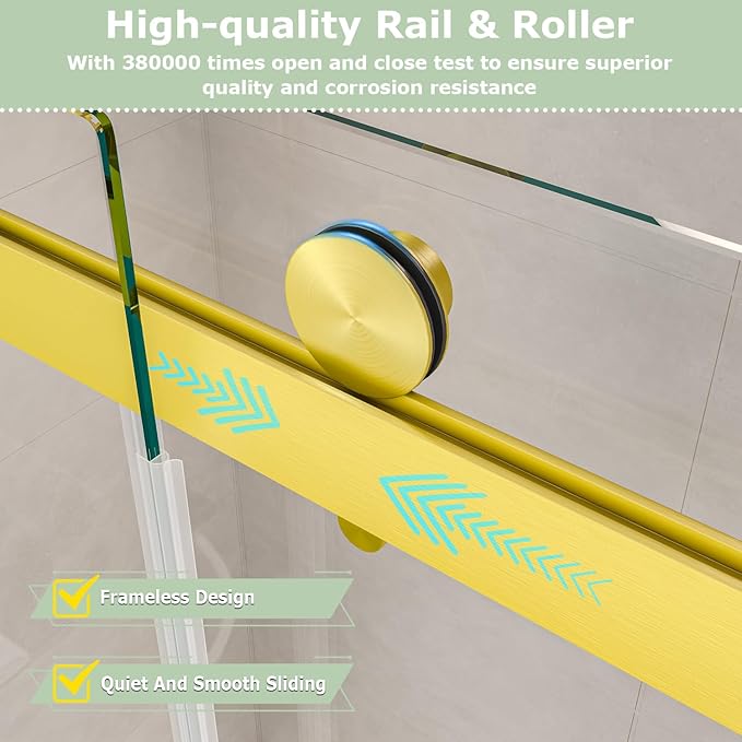 49"- 54" W x 76" H Frameless Shower Door, Double Sliding Shower Door,5/16"(8mm) Clear Tempered Glass,Easy Sliding Shower Door with Explosion-Proof Film (Brushed Gold 54" Wx76 H)