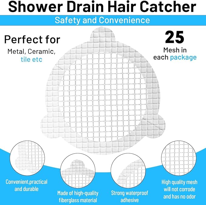 25 PCS Disposable Shower Drain Hair Catcher 3.54 Inches Round Drain Hair Catcher Stickers for Bath & Kitchen - Hair Catcher Shower Drain Cover for Human & Pet Hair - Mesh for Bathtub & Laundry
