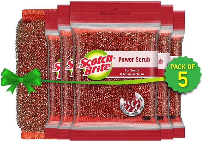 Scotch-Brite Power Scrub with Steel mesh for Utensil Cleaning- for Tough Stain Removal- Pack 5