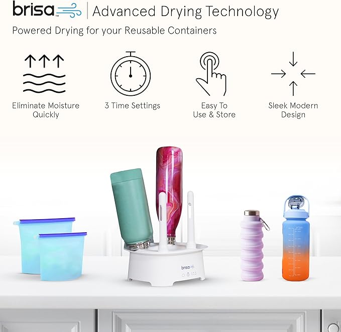 Brisa Rack: Powered Drying for reusables bottles, bags, and containers - Heated Air Drying Technology - Home Essential Drying Rack Kitchen Tool - White