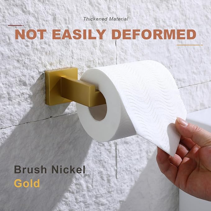 TASTOS Toilet Paper Holder Brushed Gold, Toilet Tissue Roll Holders Dispenser and Hangers Wall Mounted for Bathroom & Kitchen, Stainless Steel Modern Square Style