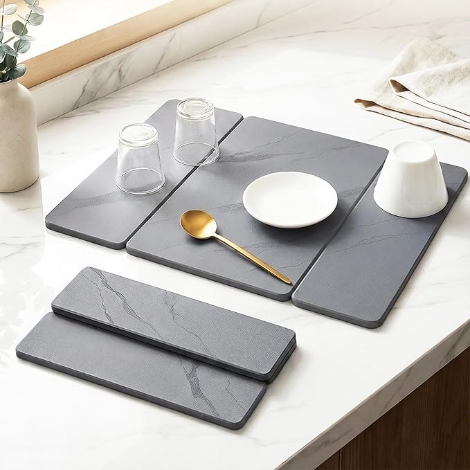 3-Panel Stone Drying Mat for Counter, 20"×16" – Fast Dry Diatomaceous Earth Dish Mat, Heat-Resistant,Stable Hard Stone Pad for Dishes, Ice Maker & Air Fryer, Protects Premium Countertops