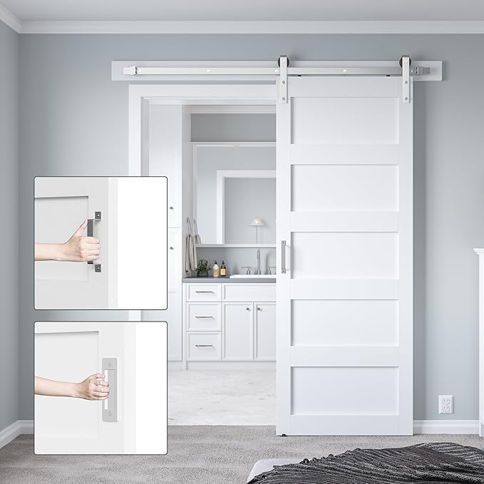 32in x 84in White Sliding Barn Door with 6ft Brushed Nickel Barn Door Hardware Kit & Handle, 5-Panel, Pre-Drilled Holes Easy Assembly, Water-Proof PVC Surface