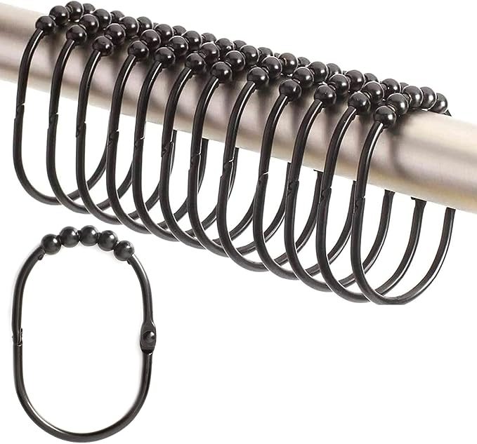 2 Lb. Depot Wide Shower Curtain Ring - Set of 12 Easy Glide and Rust-Proof Rollers - Stainless Steel Shower Curtain Hooks Black for Straight and Curved Rods - Decorative and Durable for Any Bathroom