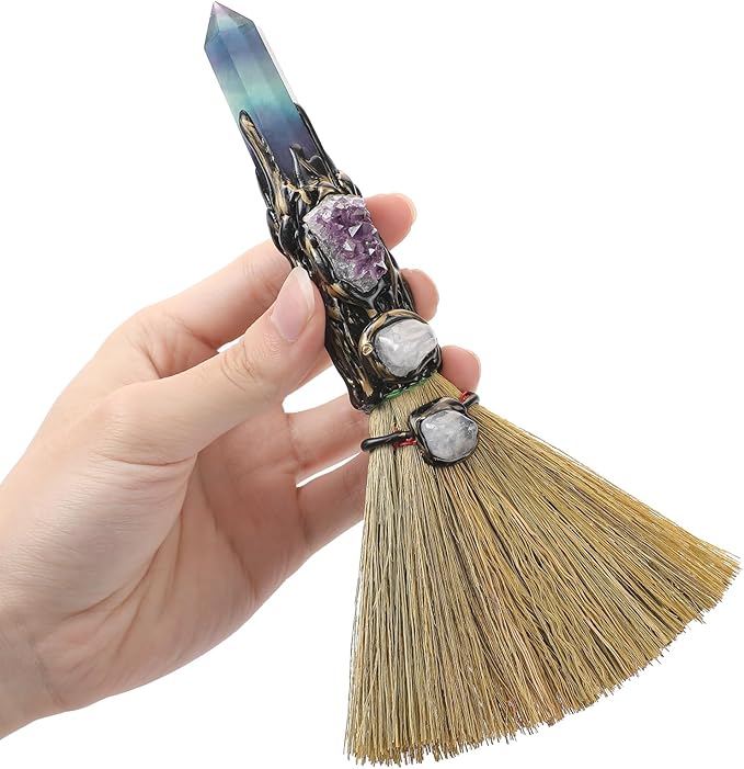 Witchcraft Supplies Witches Broom - Wiccan Decor with Amethyst Clusters Altar Supplies with Fluorite Natural Healing Crystals Hexagonal Points Pagan Decor Reiki Energy Clearing Crafts