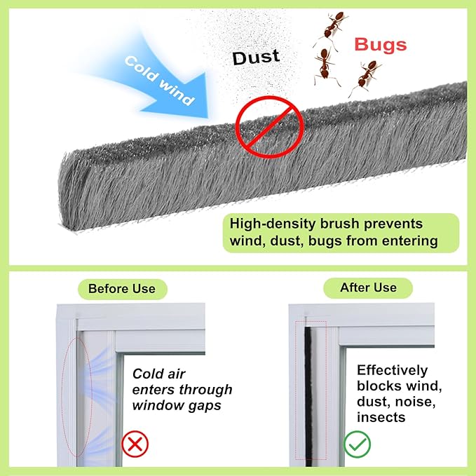 Strong Adhesive Brush Weather Stripping,0.6in Thick x 0.4in(W) x 66FT,Grey for Sliding Windows/Doors - Car Door Seal for Soundproofing,Dustproof,Winter Windproof & Warm,Waterproof,DIY Install
