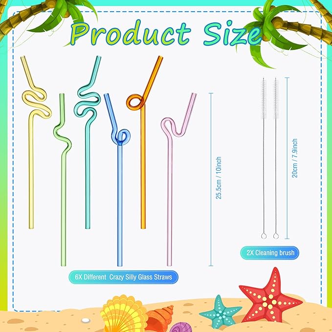 Yinkin 6 Pcs Wavy Glass Straws Reusable Curved Straw Shatter Resistant with 2 Cleaning Brushes Clear Silly High Borosilicate for Kids Adults Smoothies Juice (Colorful, 10 Inch)