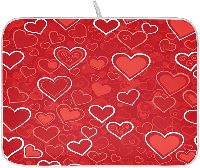 Red Hearts Cute Dish Drying Mat for Kitchen Counter Absorbent Microfiber Large Drying Pad Dish mats for Kitchen Countertops 18 x 24 Inch
