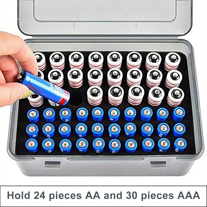 Battery Organizer, Portable Battery Box with Buffer Sponge, Heavy-duty Plastic Storage Case for 54 Batteries AA AAA,(Batteries are Not Included) (Dark Gray)