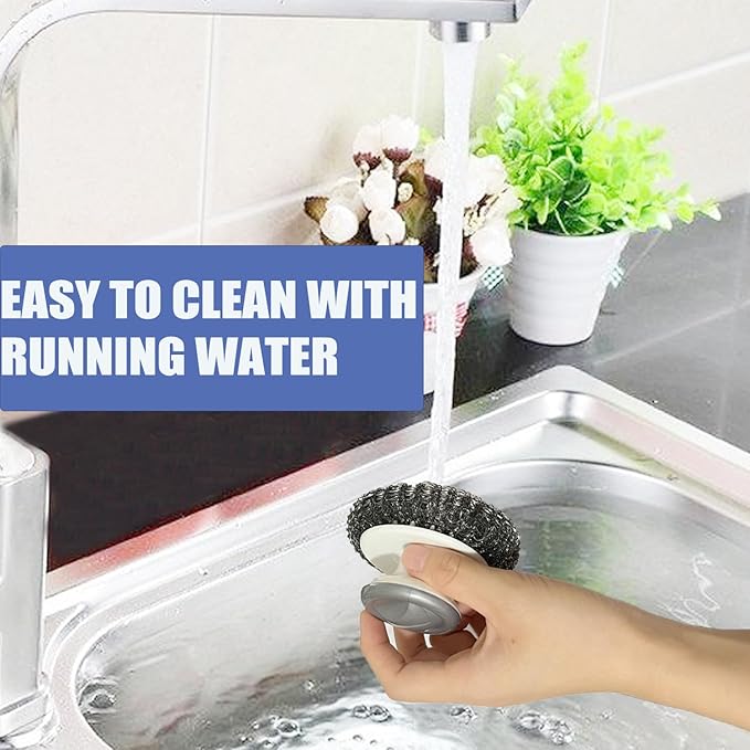 Stainless Steel Wool Scrubber with Handle, Heavy Duty Dish Scrubber, Steel Brush for Cleaning Pots, Pans, Grills, Sink (4 Pack)