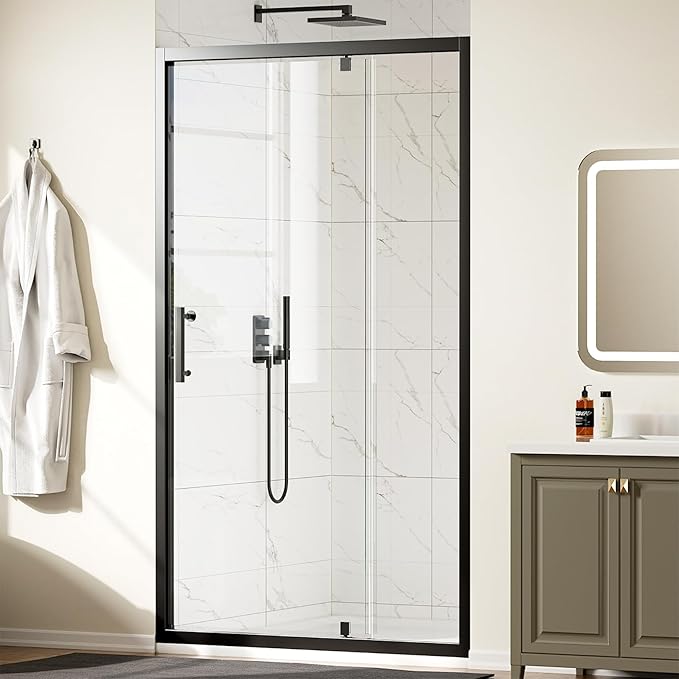 WinZo 41-42" W ×72" H Pivot Shower Door, 1/4"(6mm) SGCC Clear Tempered Glass Shower Door with Explosion Film, Nano Easy-Clean Coating, Reversible Installation, Matte Black