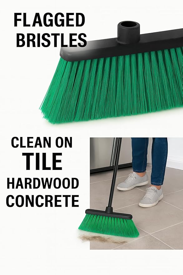 LUZIA Green 14" Premium Broom Head – Long Flagged Bristles – Gentle Deep Sweep – Universal 7/8" Thread – Recycled PP – Handle Not Included (Green, LUZIA)