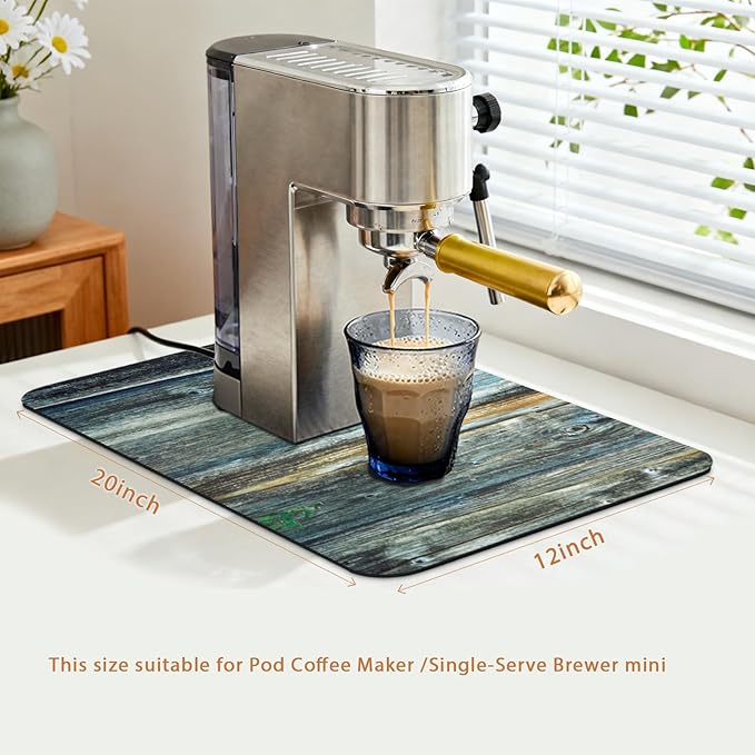 Coffee Pot Mat 20x12 Inch, Wood Grain Panel Style, Absorbent Hide Stain Rubber Backed Dish Drying Mat for Kitchen Counter, Bar Mats for Countertops, Under Coffee Bar Maker Machine Espresso Machine