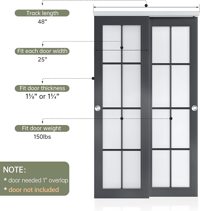 EaseLife 4FT/48in Bypass Double Sliding Pocket Door Hardware Kit,Commercial Grade,Aluminum,Bypassing Closet Doors Track for 2 Door System,Slide Smoothly Quietly,Easy Install,No Door