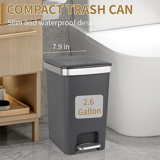Small Bathroom Trash Can with Lid and 3 Rolls Trash Bags, Step Pedal Wastebasket Plastic Garbage Can with Pop-Up Lid 2.6 Gallon Bin for Kitchen, Bedroom, Office, Dorm, Laundry, Toilet, Rv,Dark Grey
