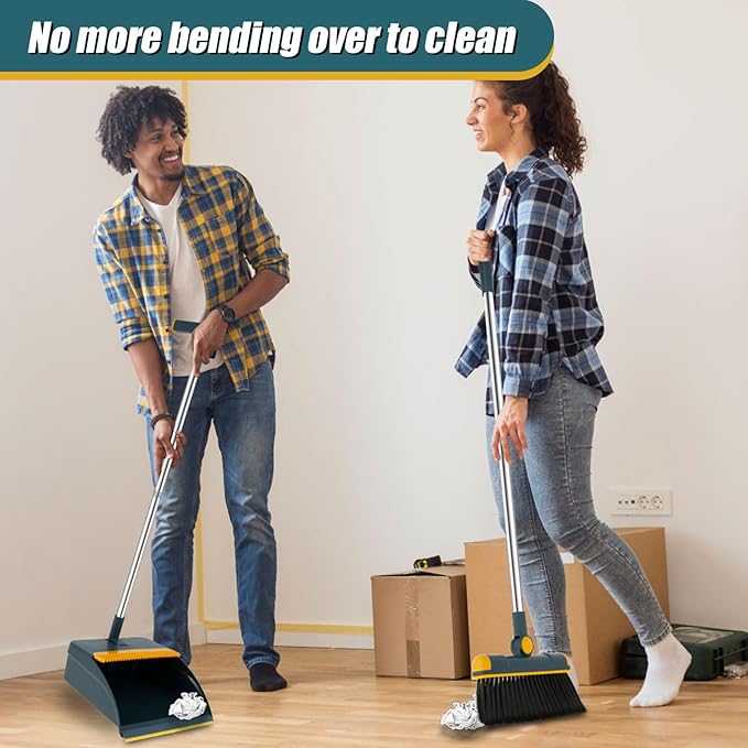 Broom and Dustpan Set for Home, 180° Rotating Broom Combo, Foldable Standing Dustpan and Brush, Long Handle Broom and Dustpan Combo Set with Scraper Teeth for Cleaning Room Office Lobby Floor (A)