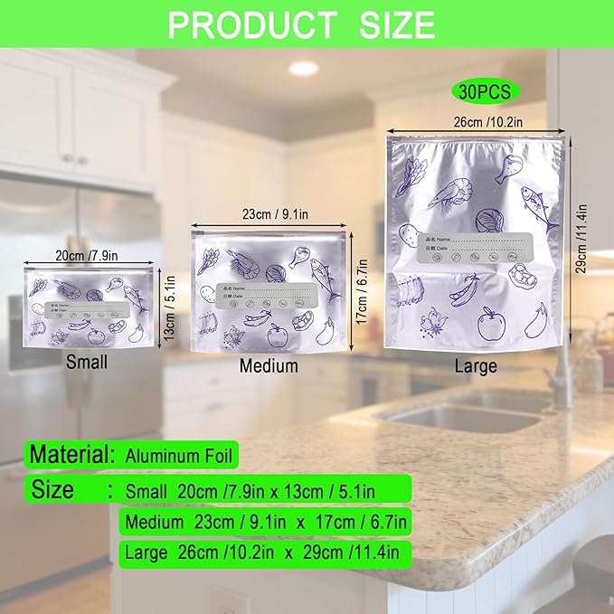Reusable Aluminum Foil Storage Bags, 30 Count - Thick, Leak-Proof Stand-Up Bags with Resealable Zipper for Food Storage & Organization | Freezer, Pantry & Meal Prep (Large)