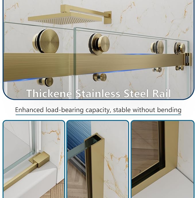 60x76 in Frameless Double Sliding Shower Door with 32x76 in Side Panel, Nano Glass, 304 Stainless Steel in Brushed Gold, L-Shape Design, Reversible Install