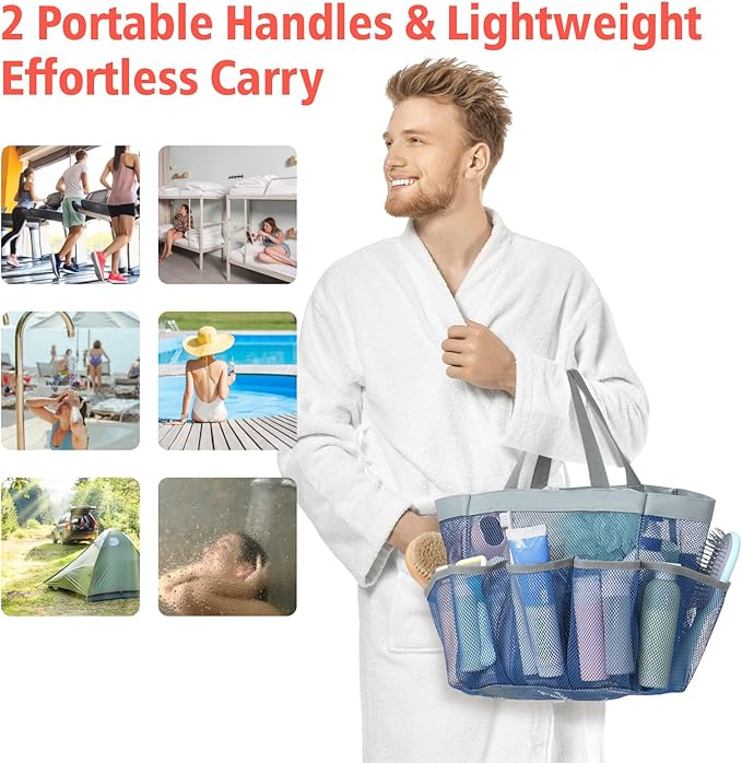 F-color Mesh Shower Caddy Portable - 2 Handles Upgrade Deeper 7 Pockets Basket Bag Tote for College Dorm Room Toiletry Bathroom Essentials Gym Camp Quick Dry with S Hook, 2 Pack Blue