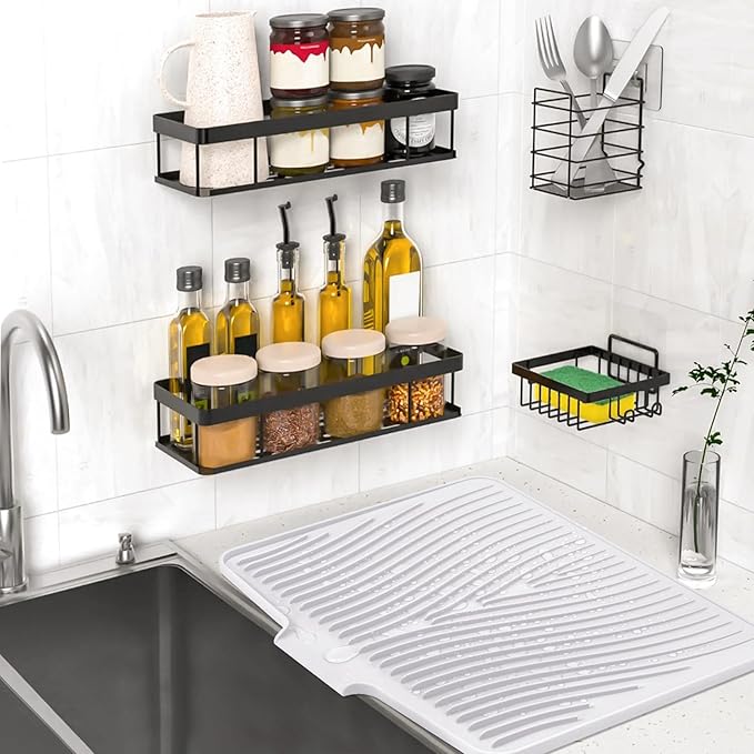 Silicone Dish Drying Mat, Stone Drying Mat for Kitchen Counter with Built-In Drain, Non-Slip Drain Pad with Built-in Drain, Heat Resistant Stone Drying Mat, White-2pcs, 20" x 15"