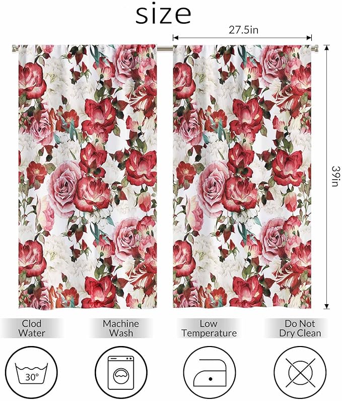 Vintage Floral Kitchen Curtains Red Pink White Peony Roses Bouquet Short Tier Curtains for Bathroom Cafe Small Window Drapes Treatment 2 Panels (27.5x39 Inch)