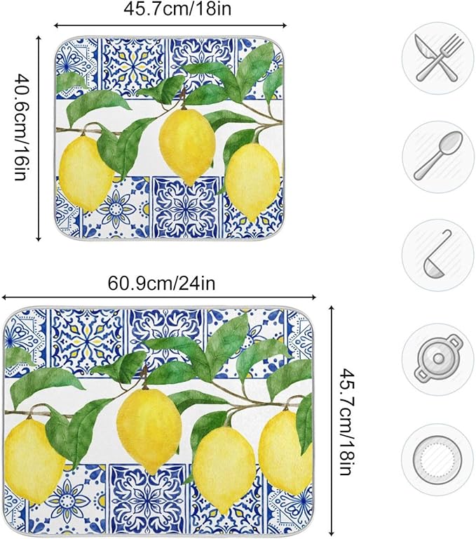 Lemon Blue Tiles Dish Drying Mat for Kitchen Counter Absorbent Microfiber Drying Pad, Medium 16x18 in, Reversible Drainer Mats