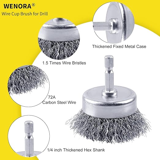2 Pack WENORA Wire Brush Set for Drill, 1/4 Inch Hex Shank, 0.010 Inch Coarse Carbon Steel Drill Brush, Rust Removal - 2 Inch