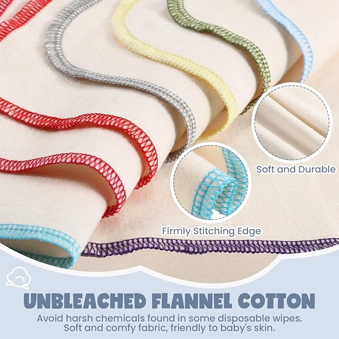 Zopeal 32 Pcs Flannel Cloth Baby Wipes Reusable Dispenser Washable Soft Natural Unbleached Baby Face Cloth Wipes 8 Colors Outer Stitching 8 x 8 Inches
