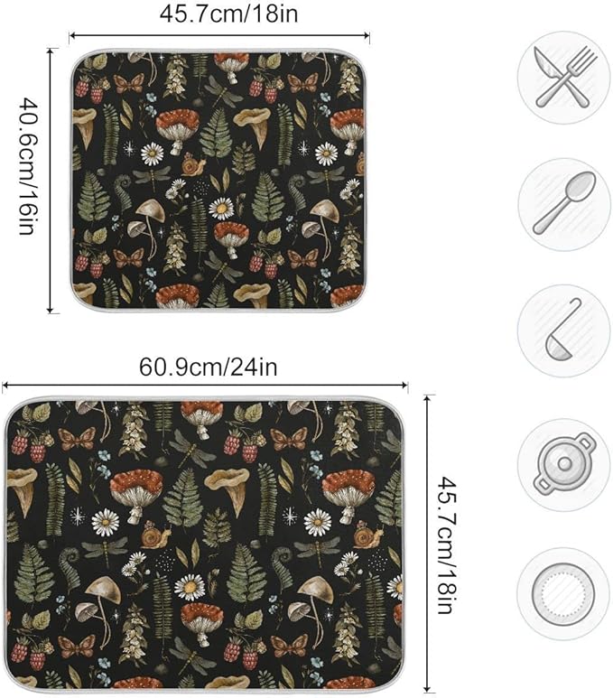 Mushroom Fern Leaves Berry Dish Drying Mat for Kitchen Counter Vintage Botanical Nature Drying Mats Super Absorbent Reversible Microfiber Kitchen Countertop Protector Dishes Pad Medium 16x18 inch