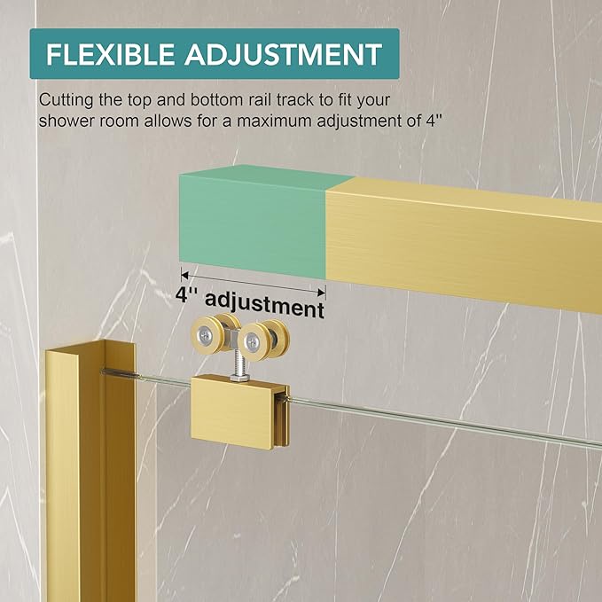 KPUY Glass Shower Door, 61-66" W x 76" H Semi-Frameless Double Sliding Shower Door, 1/4" (6mm) Thick Tempered Clear Glass with Explosion-Proof Film Nano Coating, Brushed Gold