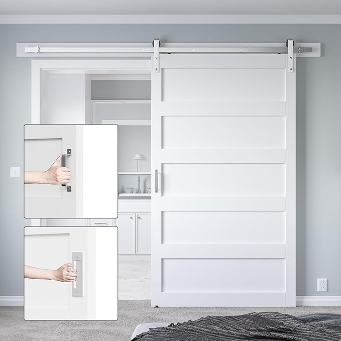 48in x 96in White Sliding Barn Door with 8ft Brushed Nickel Barn Door Hardware Kit & Handle, 5-Panel, Pre-Drilled Holes Easy Assembly, Water-Proof PVC Surface
