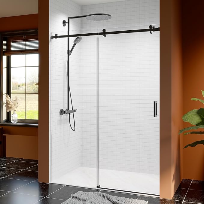 50-54 Inch Frameless Sliding Shower Door, 76" Height, 5/16" (8mm) Clear Tempered Glass, Smooth Gliding Track & Anti-Jumping System, Stainless Steel Matte Black Finish