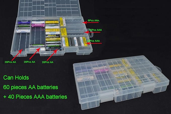 YXQ AA AAA Battery Storage Box Organizer Holder Clear Plastic Case Container Portable-Holds 60xAA + 40AAA Batteries
