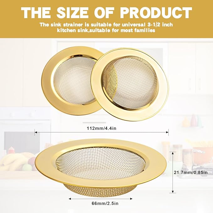 RQYEKDO 2-Pack Kitchen Sink Strainer Stainless Steel with Fine Mesh | 4.4" Wide Rim Drain Strainer | Fits Standard Sinks & Garbage Disposals (Gold)