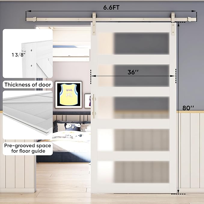 BARNSMITH 36in x 80in 5-Panel Glass Barn Door with 6.6FT Brushed Nickle Sliding Door Hardware Included & Handle, Frosted Glass Solid Wood Water-Proof PVC Surface,Pre-Drilled Easy Assembly,White