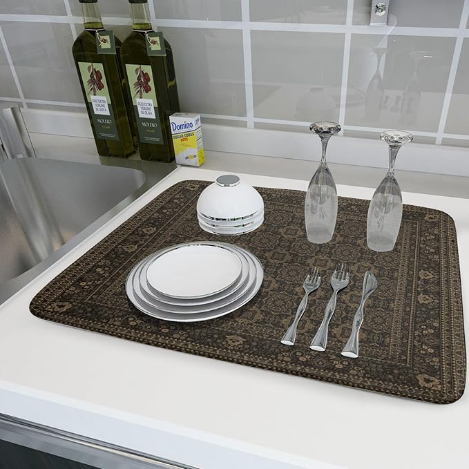 Brown Antique Tabriz Rug Dish Drying Mat for Kitchen Counter,Retro Turkish Vintage Floral Block Print Drying Mat 18 x 24 Inch with Absorbent Reversible Microfiber Drying Pad for Coffee Bar